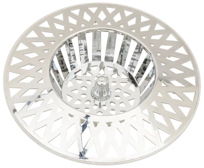 Rund sil i rostfritt stål för diskho med bred kant och diamantformade hål. Har ett centralt handtag för enkel borttagning. Fångar matrester och förhindrar stopp.