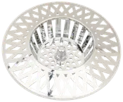 Rund sil i rostfritt stål för diskho med bred kant och diamantformade hål. Har ett centralt handtag för enkel borttagning. Fångar matrester och förhindrar stopp.