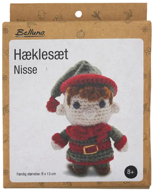 Hæklekit til at lave en lille nissedukke, indeholder garn og vejledning. Færdig størrelse: 8 x 13 cm. Anbefalet fra 8 år.