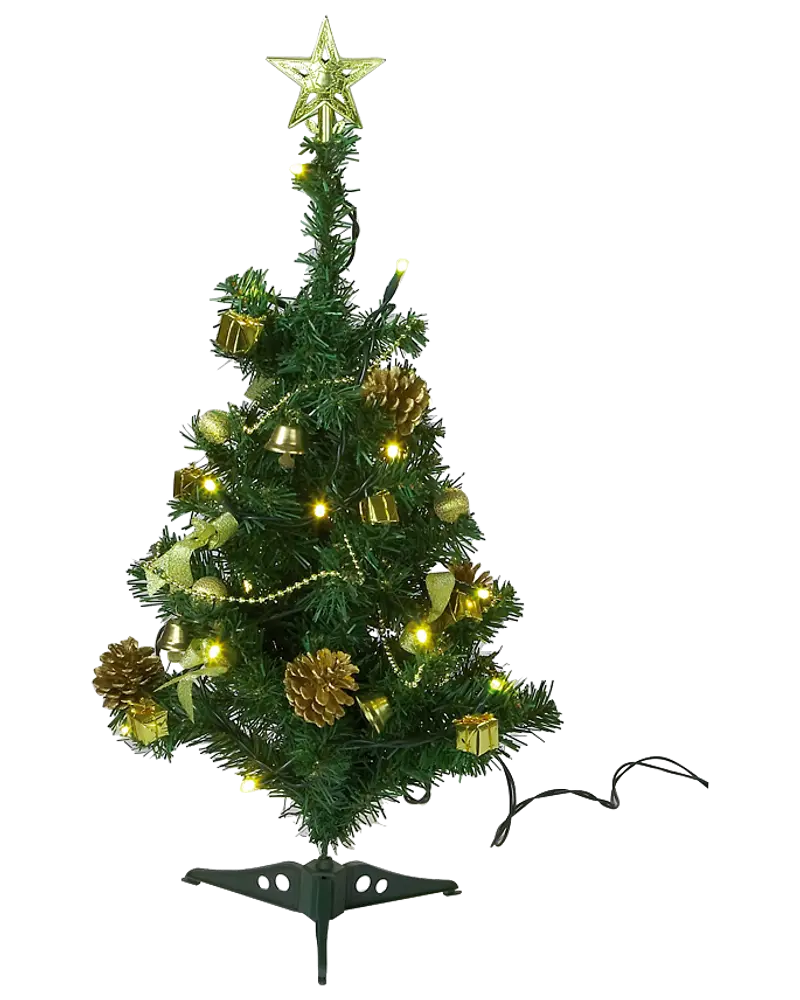 Liten konstgjord julgran med guldfärgade dekorationer, kottar, gula LED-lampor och guldfärgad stjärna. Levereras med svart fot, passar bord eller små utrymmen.