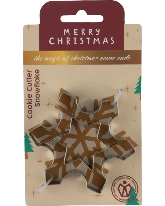 Snefnugformet kageudstikker i rustfrit stål, fastgjort til juletema emballage. Perfekt til julebagning og detaljerede småkager. Holdbar, genanvendelig og nem at rengøre.