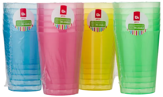 Vandglas 25 cl genanvendelig 6-pak - assorteret