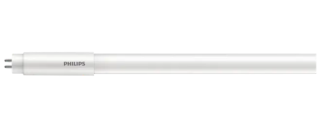 Philips lysstofrør, cylindrisk form, hvid overflade, metalstifter i den ene ende til montering, velegnet til loft- eller vægarmaturer, energieffektiv belysning til hjem eller kontor.