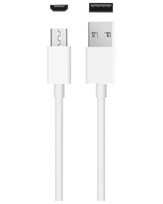 Hvid USB-opladerkabel med USB-A- og micro-USB-stik.