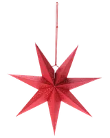Rød papirstjernelanterne med otte spidser, små perforerede huller til lys og matchende ophængssnor. Perfekt til festlig dekoration eller stemningsbelysning. Let og nem at samle.