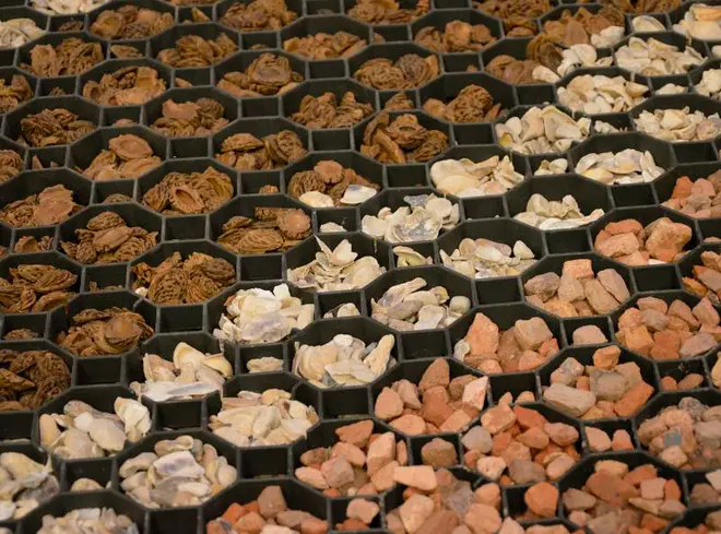 Sexkantigt svart plastgaller fyllt med bruna barkbitar, vita stenar och rödaktigt grus. Perfekt för trädgårdsgångar eller markförst talning. Hållbart och lätt att installera.