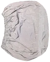 Lys grå, oval beskyttelsesovertræk med elastiske kanter, lavet af vandafvisende stof. Designet til at passe tæt over f.eks. en grill eller udendørsudstyr.