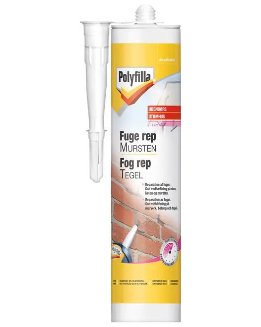 Polyfilla fuge rep til mursten i 310 ml patron, egnet til udendørs brug på sten, beton og murværk. Medfølgende dyse for præcis påføring i fuger og revner.