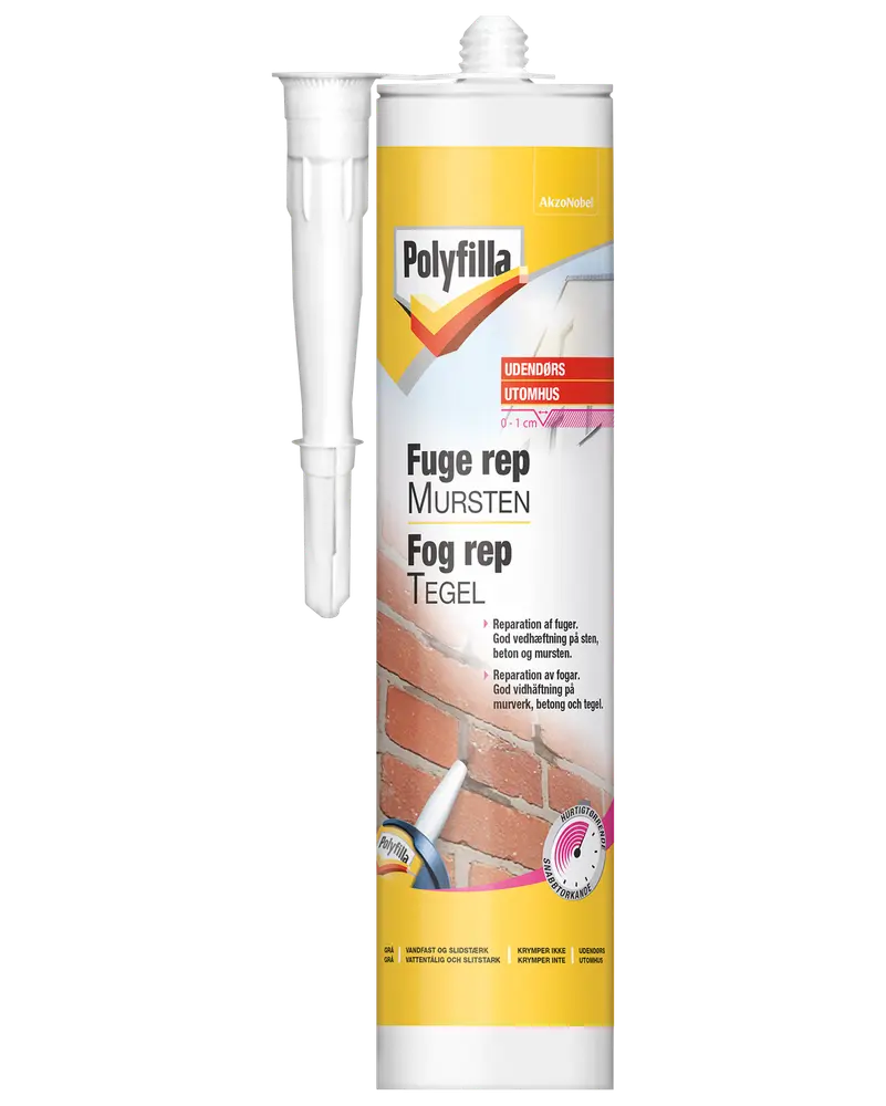 Polyfilla fuge rep til mursten i 310 ml patron, egnet til udendørs brug på sten, beton og murværk. Medfølgende dyse for præcis påføring i fuger og revner.