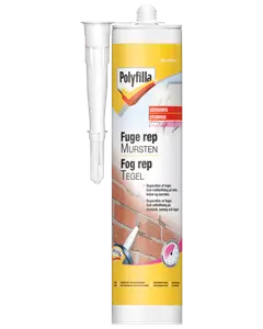 Polyfilla fuge rep til mursten i 310 ml patron, egnet til udendørs brug på sten, beton og murværk. Medfølgende dyse for præcis påføring i fuger og revner.