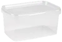 Rektangulär, genomskinlig plastburk med tättslutande lock. Passar för förvaring av mat eller småsaker. Hållbar, återanvändbar och lätt att rengöra. Rymmer cirka en liter.