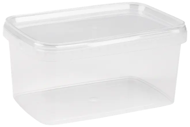Rektangulär, genomskinlig plastburk med tättslutande lock. Passar för förvaring av mat eller småsaker. Hållbar, återanvändbar och lätt att rengöra. Rymmer cirka en liter.