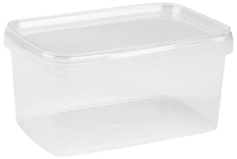 Rektangulär, genomskinlig plastburk med tättslutande lock. Passar för förvaring av mat eller småsaker. Hållbar, återanvändbar och lätt att rengöra. Rymmer cirka en liter.