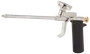 Professionell skumpistol med långt metallrör, ergonomiskt svart handtag, avtryckare och mässingsjusteringsratt för exakt applicering av fogskum.