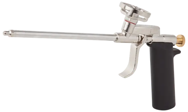 Professionell skumpistol med långt metallrör, ergonomiskt svart handtag, avtryckare och mässingsjusteringsratt för exakt applicering av fogskum.