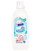 Hvid flaske med At Home Wash Sensitive skyllemiddel, babybillede, genanvendt flaske-etiket og til 20 vaske.