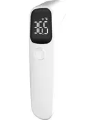 Hvid håndholdt infrarødt termometer med sort digitalt display, der viser 36,5 °C, og en central scanningsknap.
