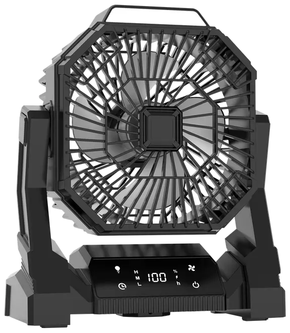 Sort, bærbar elektrisk ventilator med ottekantet gitter, justerbart stativ, digitalt display og kontrolknapper til hastighed, timer og lys. Moderne, kompakt design til bordbrug.