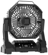 Sort, bærbar elektrisk ventilator med ottekantet gitter, justerbart stativ, digitalt display og kontrolknapper til hastighed, timer og lys. Moderne, kompakt design til bordbrug.
