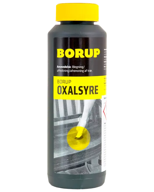 Borup Oxalsyre i sort plastflaske med gul låg og etiket, bruges til blegning, afrensning og fjernelse af pletter på træ. Indeholder tydelige brugsanvisninger på emballagen.
