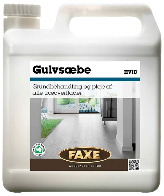 FAXE Hvid Gulvsæbe i plastdunk, til grundbehandling og pleje af alle træoverflader. Egnet til indendørs brug, med håndtag og skruelåg.