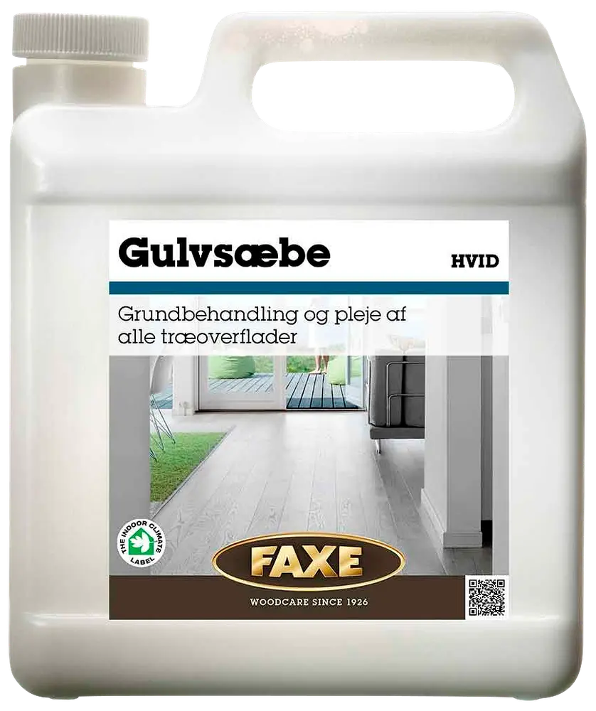 FAXE Hvid Gulvsæbe i plastdunk, til grundbehandling og pleje af alle træoverflader. Egnet til indendørs brug, med håndtag og skruelåg.