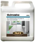 FAXE Hvid Gulvsæbe i plastdunk, til grundbehandling og pleje af alle træoverflader. Egnet til indendørs brug, med håndtag og skruelåg.
