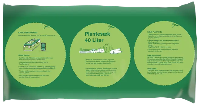 Grøn plantesæk, 40 liter, til dyrkning af grøntsager eller blomster. Med illustrationer og vejledning på emballagen. Egnet til økologisk dyrkning og kapillærvanding.