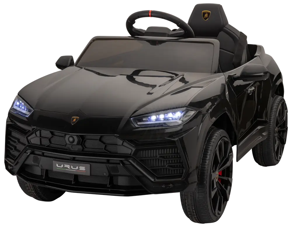 Svart Lamborghini Urus elbil för barn med LED-strålkastare, detaljerad frontgrill, realistiska hjul och märkt säte. Passar barn, ger verklighetstrogen körupplevelse.