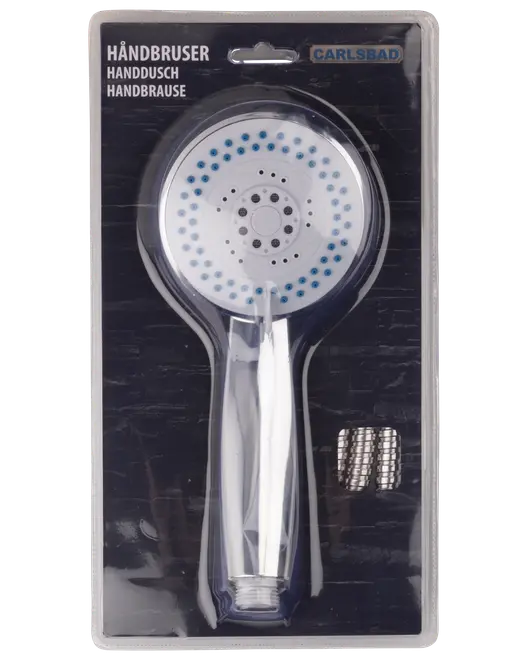 Handdusch med kromfinish, flera spraymunstycken och flexibel metallslang. Förpackad i klar plastförpackning för enkel visning och säker förvaring.