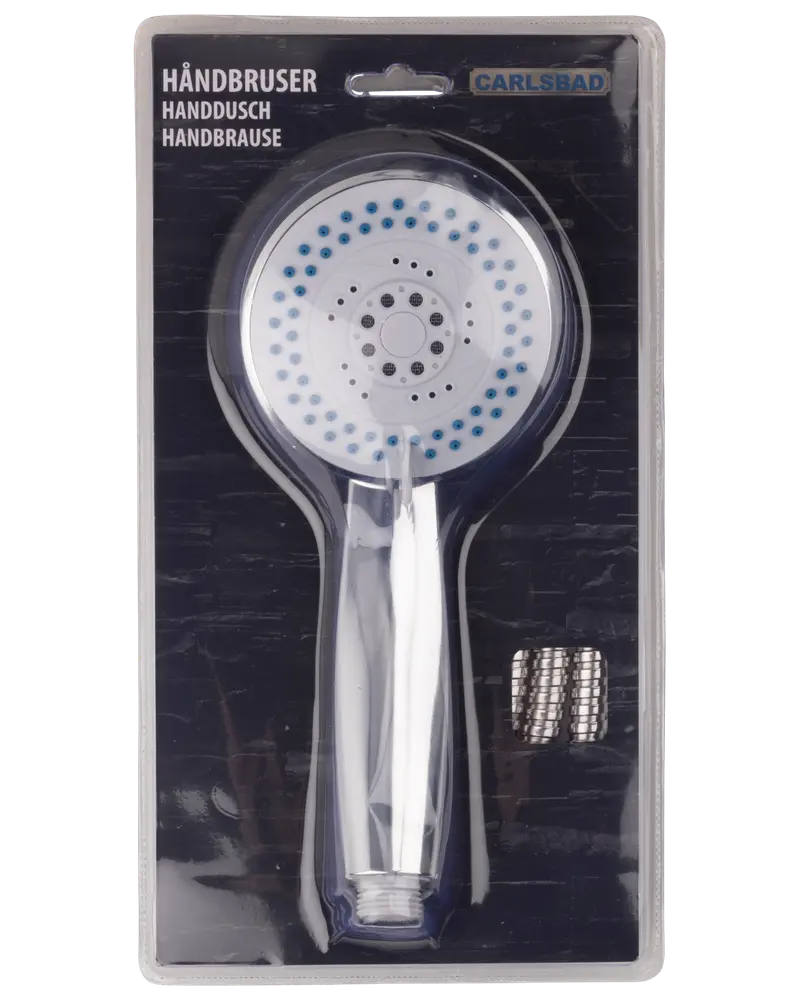 Handdusch med kromfinish, flera spraymunstycken och flexibel metallslang. Förpackad i klar plastförpackning för enkel visning och säker förvaring.