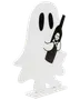 Fristående dekoration formad som ett vitt spöke med svarta ögon, håller en svart flaska med dödskalle. Tillverkad av trä eller liknande, perfekt för Halloween.