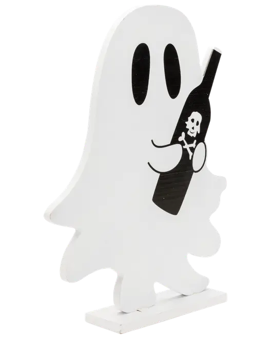 Fristående dekoration formad som ett vitt spöke med svarta ögon, håller en svart flaska med dödskalle. Tillverkad av trä eller liknande, perfekt för Halloween.