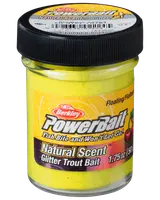 Burk med Berkley PowerBait Natural Scent Glitter Trout Bait, 50 g, gul med glitter, flytande, svart skruvlock, lockar öring med doft och färg.