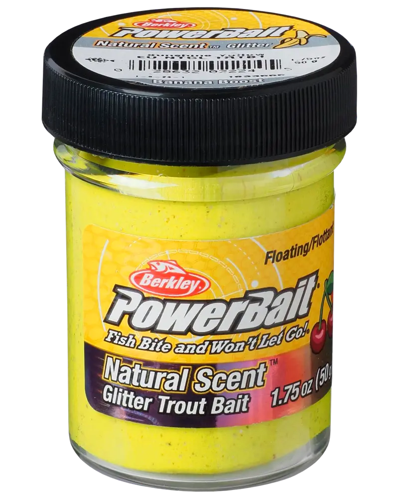 Burk med Berkley PowerBait Natural Scent Glitter Trout Bait, 50 g, gul med glitter, flytande, svart skruvlock, lockar öring med doft och färg.