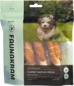 Pakke med Faunakram råhudsstænger til hunde, 32,9% kylling, synlige gennem vindue, genlukpose, egnet til alle racer, langvarig tygge, ægte kød, 3 stænger i pakken.