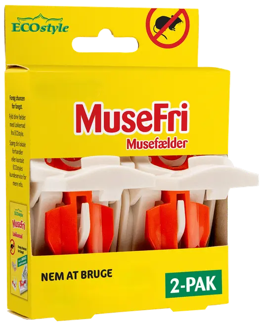 Gul ECostyle MuseFri musefælde 2-pak i emballage med røde og hvide fælder, ophængshul og ikon med overstreget mus.