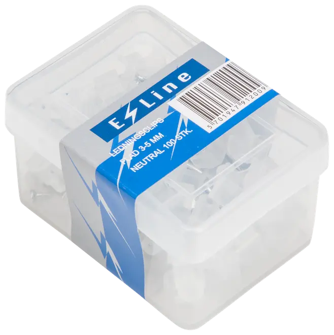 Plastlåda med 100 neutrala LED-monteringsklämmor, passar för 3-5 mm diameter. Klara klämmor synliga genom den transparenta förpackningen, etikett med produktinformation och streckkod.