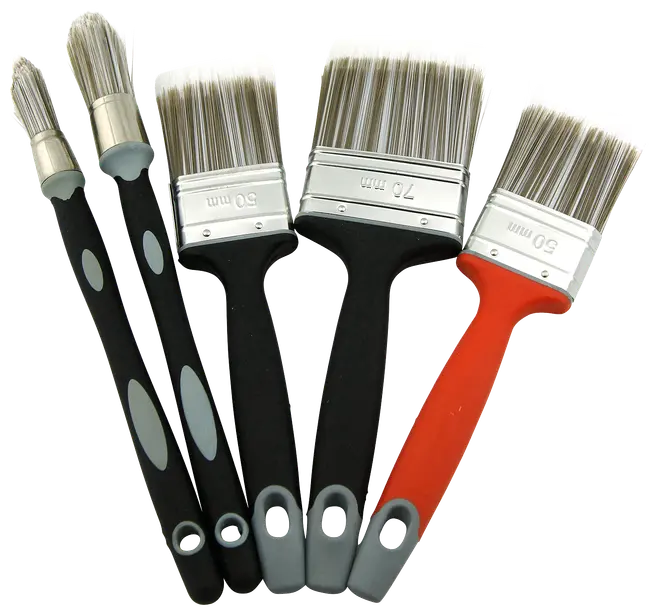 Sæt med fem pensler med syntetiske børster, forskellige bredder, ergonomiske sorte og røde håndtag med greb og metalbånd. Velegnet til maler- og dekorationsopgaver.
