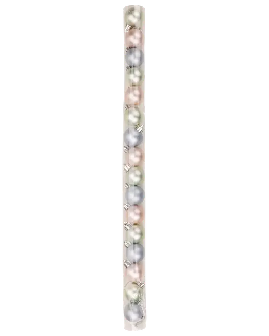 Lodret stribe med pastelperlelignende kugler og små metalclips i skiftevis sølv-, rosa- og grønne nuancer.