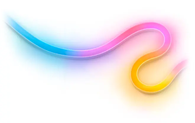 Buet, gradient linje med blå, pink og gule farver på hvid baggrund. Glidende overgang og glødende effekt, egnet til moderne grafisk design eller dekoration.