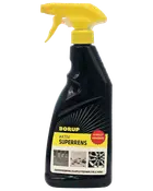 Sort sprayflaske med gul triggerdyse og etiketten BORUP Aktiv Superrens, en hurtigtvirkende rengøringsspray til fedt, olie og snavs.
