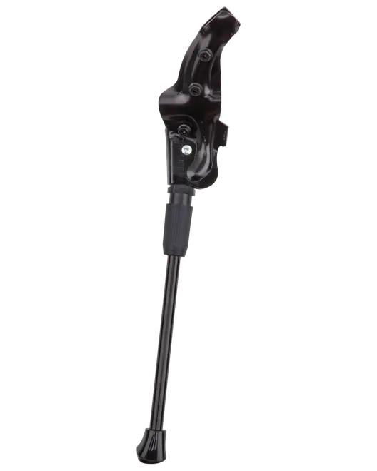 Svart justerbart cykelstöd med robust fäste, gummifot för stabilitet och metallkonstruktion. Passar olika cykelstorlekar, enkel att montera på ramen.