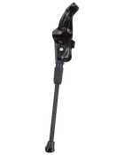 Svart justerbart cykelstöd med robust fäste, gummifot för stabilitet och metallkonstruktion. Passar olika cykelstorlekar, enkel att montera på ramen.