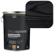 5 liters spand Saga Supreme heldækkende træbeskyttelse, oliebaseret, til udendørs brug. Vist i dyb sort farve med prøve på træstruktur.