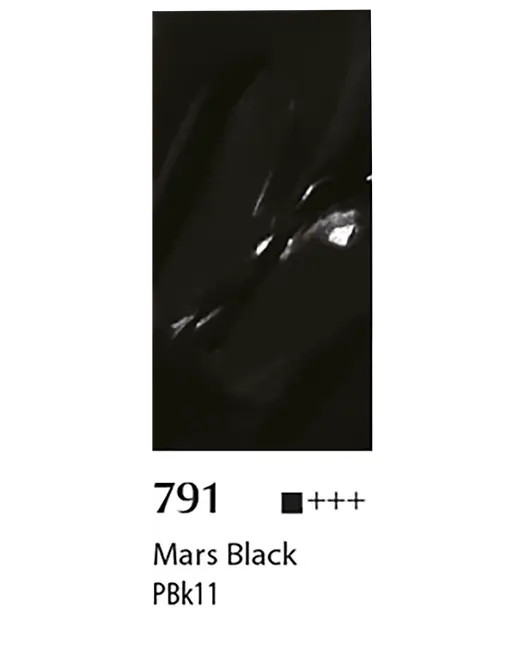 Blank sort farveprøve mærket 791 Mars Black PBk11, vist som en dyb, næsten uigennemsigtig sort prøve.