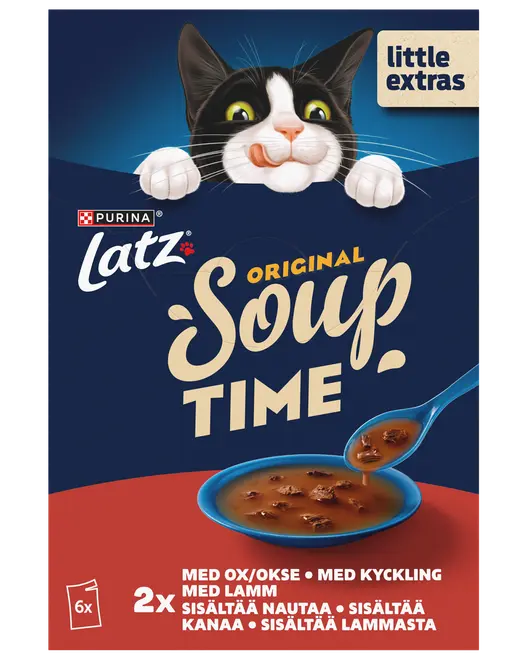 Purina Latz Original Soup Time kattmat, 6-pack, med nötkött, kyckling och lamm. Blå skål med köttsoppa och lekfull svartvit kattillustration.