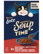 Purina Latz Original Soup Time kattmat, 6-pack, med nötkött, kyckling och lamm. Blå skål med köttsoppa och lekfull svartvit kattillustration.