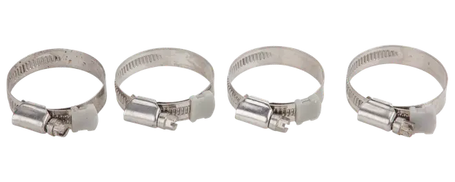 Fyra slangklämmor i rostfritt stål med skruvfunktion, justerbar diameter. Perfekta för att fästa slangar eller rör. Varje klämma har spår och skruv.