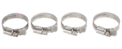 Fyra slangklämmor i rostfritt stål med skruvfunktion, justerbar diameter. Perfekta för att fästa slangar eller rör. Varje klämma har spår och skruv.